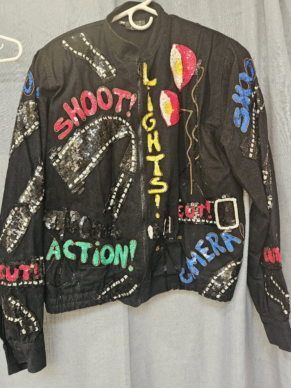Modi bomber jacket Hollywood movies film denim sequins glamor! sz M workS unisex